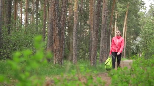 Sportovní žena chůze lesní zadní pohled na podzim zaparkovat fitness žen venkovní dívka ranní slunce — Stock video