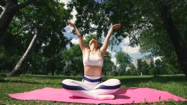Fitness-Frau liegt auf Yogamatte im Sommerpark. Fitness-Frau bereitet sich auf Fitness vor. — Stockvideo