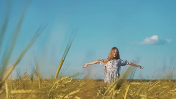 Κορίτσι ομορφιά με υγιή μακριά μαλλιά σε εξωτερικούς χώρους. Ευτυχισμένος χαμογελώντας νεαρή γυναίκα πέφτει στο χορτάρι. — Αρχείο Βίντεο