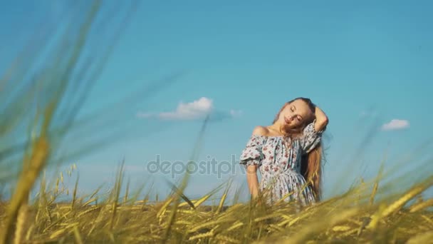 Krásy dívka s zdravými dlouhými vlasy venku. Šťastný úsměv mladá žena padají do trávy. — Stock video