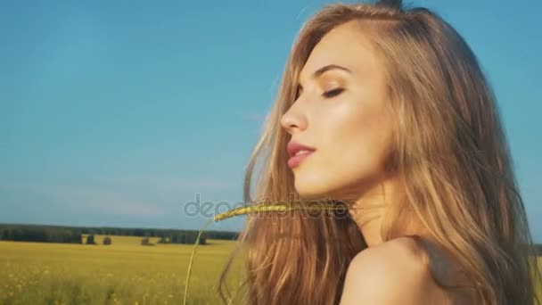 Hermosa chica rubia en el campo — Vídeo de stock