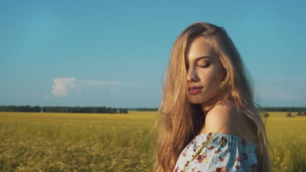 Prachtige blond meisje op het veld — Stockvideo