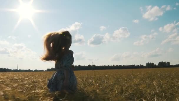 Belle fille Courir champ d'été Coucher de soleil cerf-volant — Video