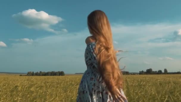 Schoonheid romantische meisje buitenshuis. Mooie tiener Model meisje in Casual korte jurk op het veld in zonlicht. Lange haren blazen. Herfst. Gloed zon, zon. Verlicht. Afgezwakt in warme kleuren — Stockvideo