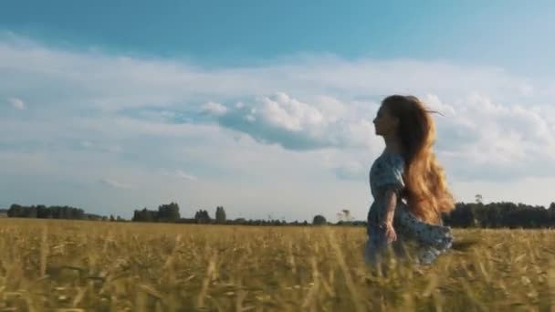 Hermosa chica corriendo verano campo puesta del sol cometa — Vídeo de stock