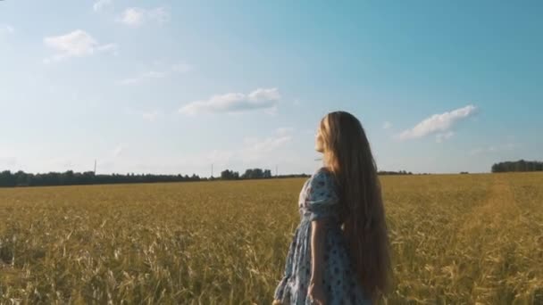 Szépség lány a szabadban élvezi természet. Gyönyörű tizenéves lány ruha a tavaszi mezőn fut, a Sun Light kezekkel emel. — Stock videók