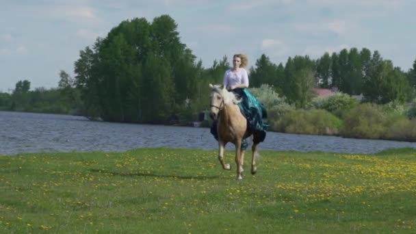 Fiatal gyönyörű nő lovas lovaglás egy fehér ló a pályán — Stock videók