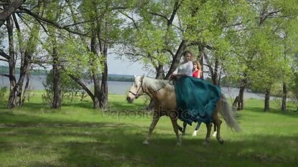 Прогулка девочек на лошадях в лесу — стоковое видео