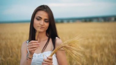 Ulusal bir beyaz gömlek kadında elinde bir altın alan arka plan üzerinde olgunlaşmış buğday kulakları tutar. hasat, tarım, ulaşım, yiyecek, üretim, eko kavramı.
