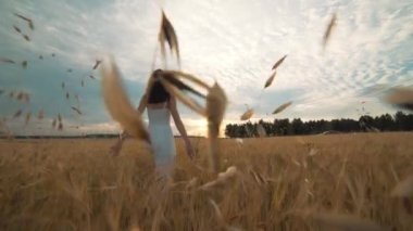 Güneşli bir günde bir kadın beyaz bir elbise ile bir buğday alanı boyunca bir doğa arka plan kavramı yaşam tarzı ekoloji çevre mutlu insanlar özgürlük, harika güzel görünümü üzerinde yürüyor