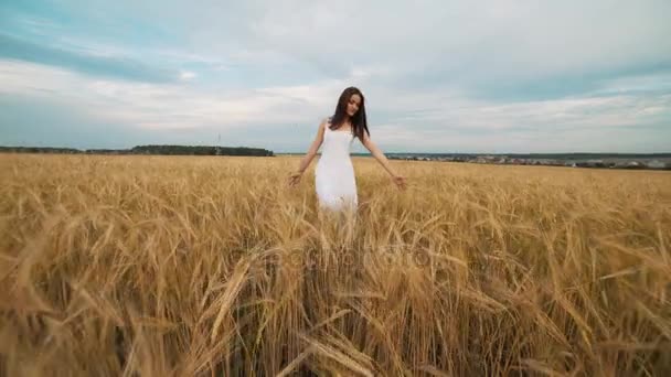 Szczęście, natura, letnie wakacje, wakacje i ludzi pojęcie - młoda kobieta w białej sukni spaceru wzdłuż pola zbóż — Wideo stockowe