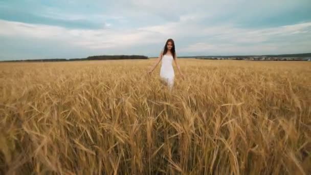Щастя, природа, літні канікули, відпустка та концепція людей - молода жінка в білій сукні, що йде по полю зернових — стокове відео