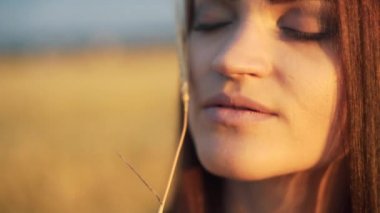 güneş ışığı günbatımı şehvetli portre yaz akşam alanındaki kulak buğday ile güzel bir kadın. Atmosferik an. Dünya günü. şık boho kız çayırda rahatlatıcı. Kara seviyorum