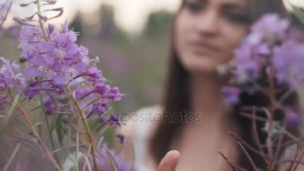 Feliz jovencita sonriendo, cogida de la mano en lavanda. Enfoque suave, primer plano — Vídeos de Stock