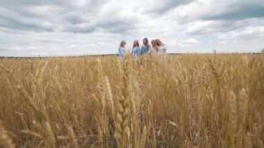 Beş kız altın buğday dolu bir alanda uzun sarı saçlı. Gülümseyen, kameraya bakıyor.