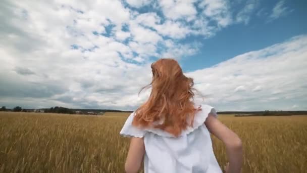 Рыжая девушка в поле пшеницы в белом платье улыбается прекрасная улыбка, идеальное изображение для рекламы в стиле жизни — стоковое видео