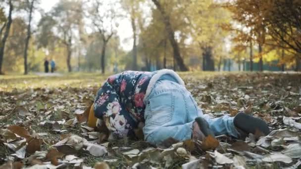 Petite fille mignonne assise dans une pile de feuilles jaunes — Video