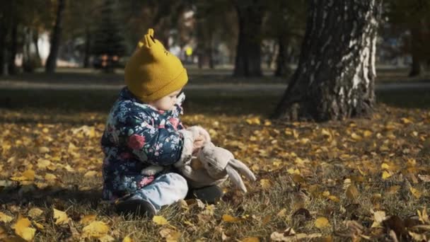 Malé dítě hraje v podzimním parku. Dítě hraje se žlutými listy. Malá holčička v podzimním parku. Portrét dítěte v podzimním parku. — Stock video