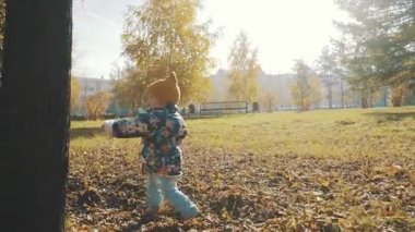 küçük kız sonbahar ormana bir ağacın arkasına saklanmış