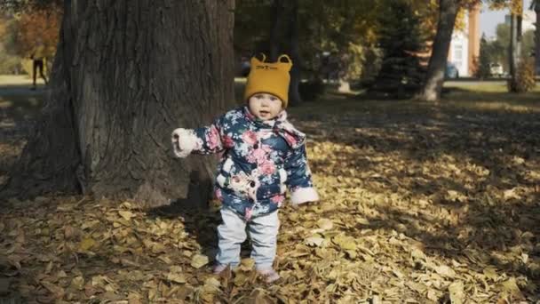 Baby in the forest. Falling autumn leaves. — Stock Video