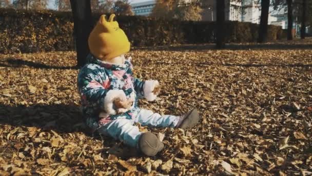 Niña linda jugando con hojas en el parque de otoño . — Vídeos de Stock