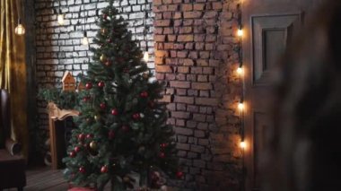 bir kazak kız adamla şenlikli bir Noel ağacı ile odasına geldi