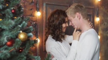 Onun erkek arkadaşı bir Noel hediyesi tutar ise genç güzel kız yılbaşı ağacı süsle.