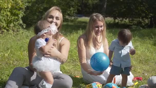 Groep gelukkige kinderen buiten spelen in het Park van de zomer. Moeders blik na hun kinderen zitten op het gras. — Stockvideo