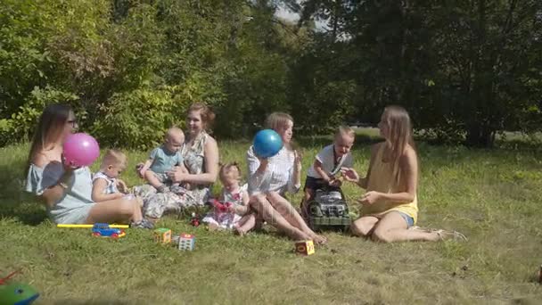 Gruppe fröhlicher Kinder, die draußen im Sommerpark spielen. Mütter kümmern sich um ihre Kinder, die im Gras sitzen. — Stockvideo