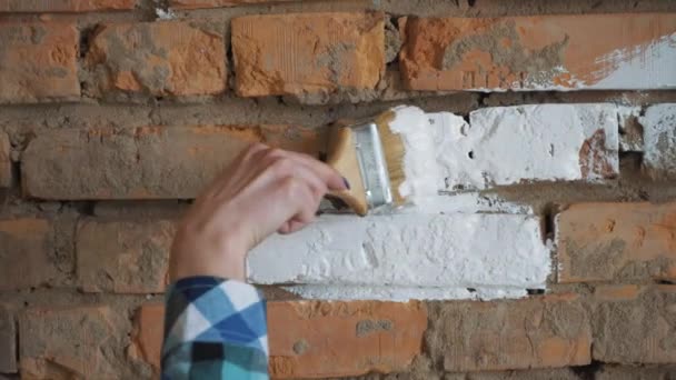 Red brick paint in white. In the hands of girls paint brush. The girl makes repairs. — Stock Video