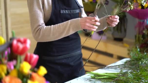 Женские руки пытаются срезать спрей из букета роз — стоковое видео