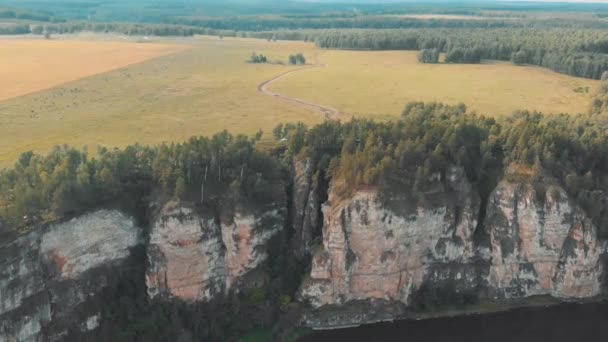 Letecká fotka přírody. Let přes krásnou řeku s kameny. — Stock video