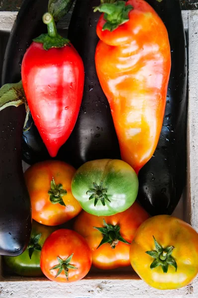 Caixa branca com legumes em um fundo enferrujado. Beringelas, bel — Fotografia de Stock