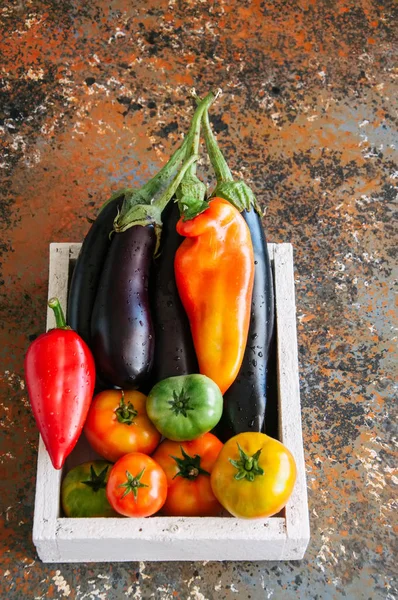 Sebzeli paslı bir arka plan üzerinde beyaz kutu. Patlıcan, bel