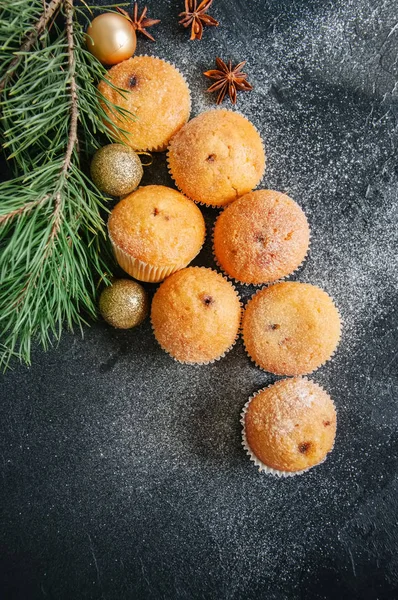 Set of vanilla muffins with chocolate cream filling. Blue stone — Stock Photo, Image