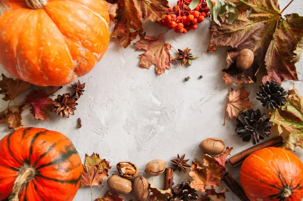 Üç kabak, akçaağaç yaprakları, pecans ve baharat beyaz taş üzerinde