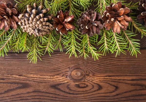 Noel zemin. Köknar ağaç dalları ve koniler ahşap arka