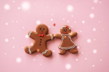 Neşeli Noel kavramı arka plan. Zencefilli kurabiye adam ve kız o