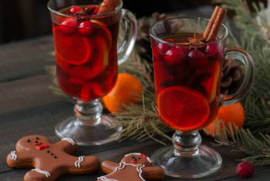 Mulled wine. Christmas hot drink with citrus, apple and spices i clipart