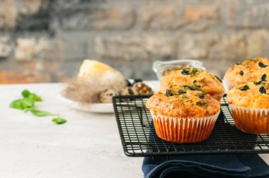 Zeytin ve beyaz s bir tel raf üzerinde otlar ile tuzlu kek