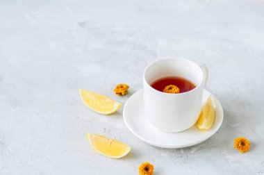 Bir bardak beyaz bir taş zemin üzerinde kırmızı bitkisel çay. Kopya alanı.