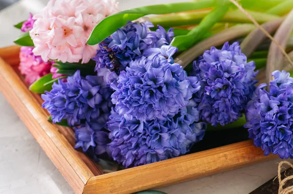 Buket farklı renkler sümbül çiçek ahşap oyun tahtası. — Stok fotoğraf