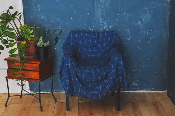 One old arm-chair with checkered plaid and flower in a pot