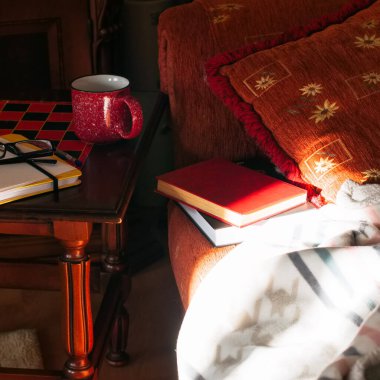 Evde kal, kitap oku ya da kendini izole et. Altın saat zamanı. Evin içi rahat. Kanepede kitap, masada bardak..