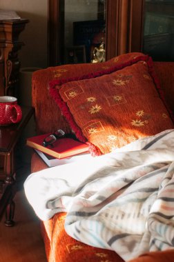 Evde kal, kitap oku ya da kendini izole et. Altın saat zamanı. Evin içi rahat. Kanepede kitap, masada bardak..