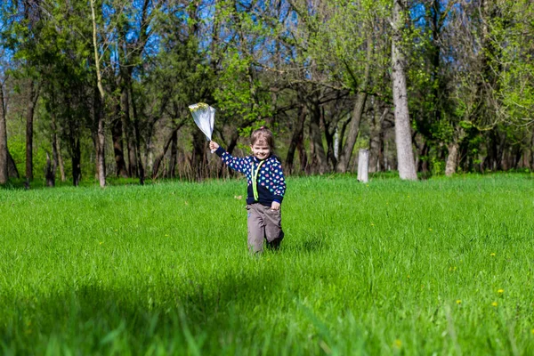 Bambina è in piedi sull'erba verde con un pacchetto di fiori — Foto Stock