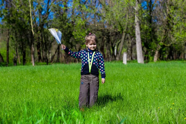Маленька дівчинка стоїть на зеленій траві з пакетом квітів — стокове фото