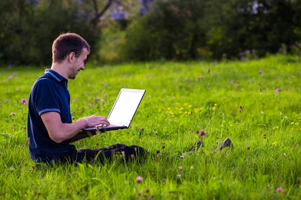 Jonge man zittend op groen gras met laptop en werken Stockafbeelding