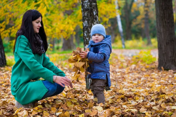 Madre con hijo pequeño jugar en el parque de otoño —  Fotos de Stock