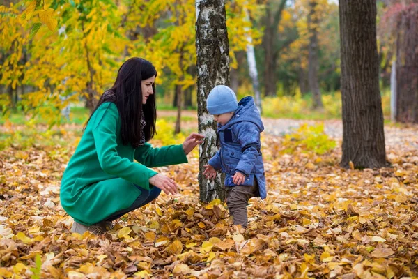 Madre con hijo pequeño jugar en el parque de otoño —  Fotos de Stock